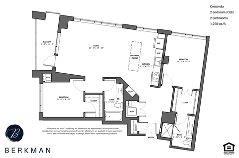 Floor plan for 2 beds, 2 baths, 1258 sqft